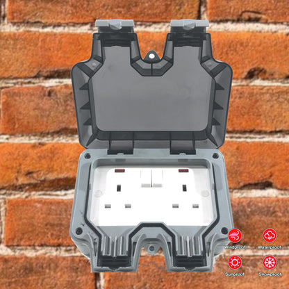 illucio 2 Gang 13 Amp Weatherproof Outdoor Switched Plug Socket