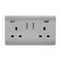Brushed Steel Screwless 2 Gang Switched Double Socket 13A With 1 x USB-A & 1 x USB-C 65W (Shared), (35mm Back Box Req.), 10yrs Warranty