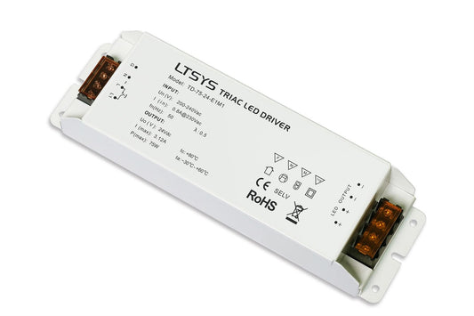 LTECH Constant Voltage Triac/ELV, PWM, 75W, C. Voltage Dimmable Driver, 24V, Max Current Output:3.12A, EFF=87%, 100-240V AC input, IP20, 5yrs Warranty
