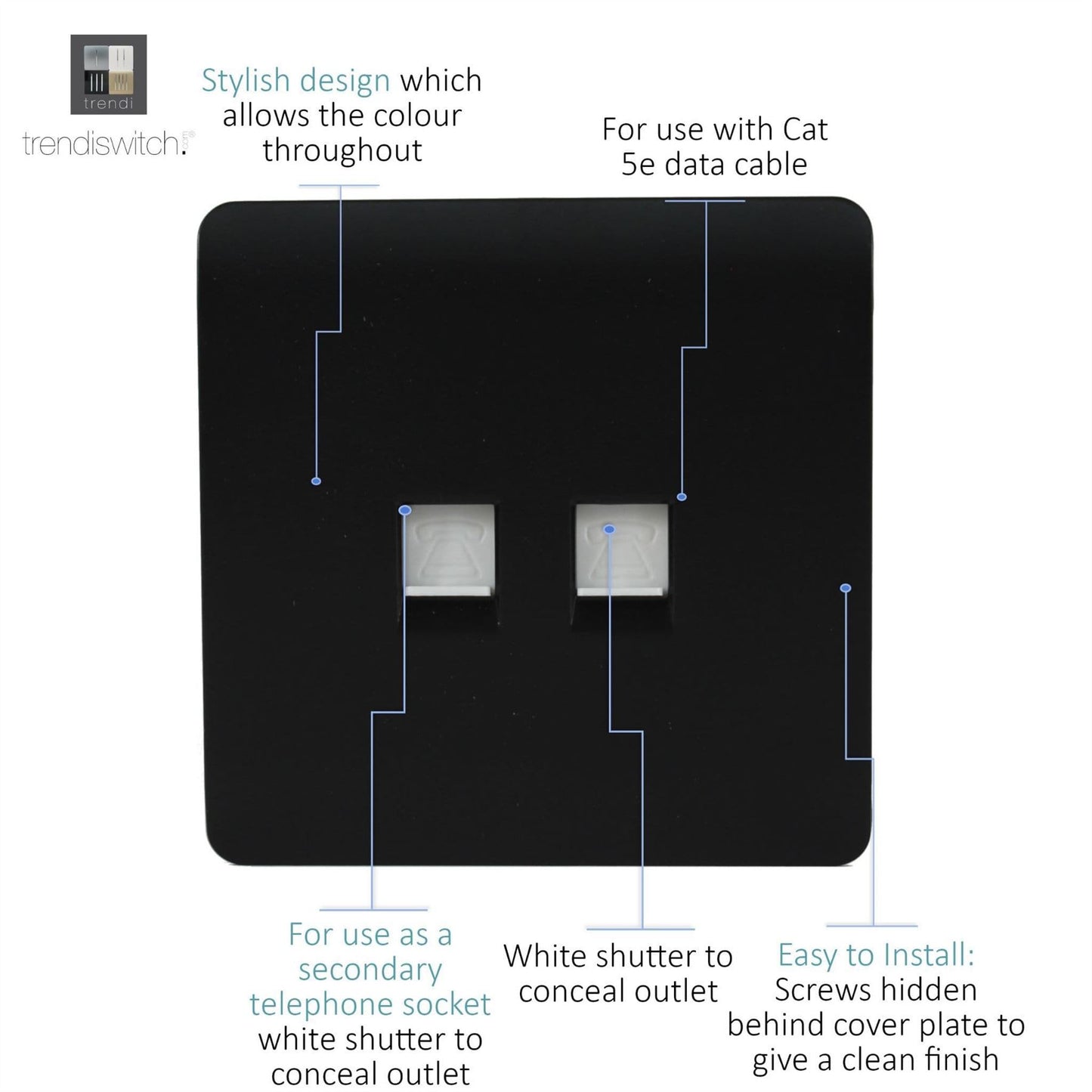 Trendi  Telephone Socket + RJ45 Cat 5e & Cat 6 PC Socket Matt Black