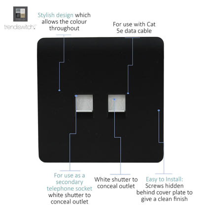 Trendi  Telephone Socket + RJ45 Cat 5e & Cat 6 PC Socket Matt Black