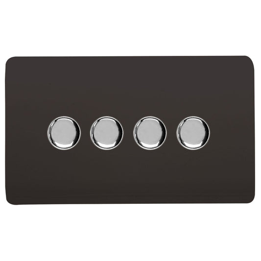 Trendi 4 Gang 2 Way 240V 100w LED Dimmer Screwless Raised Front Plate Plastic Artistic Modern Glossy 10 Amp Chrome Single Electrical Wall Light Switch in Mocha Brown - ART-4LDMDB