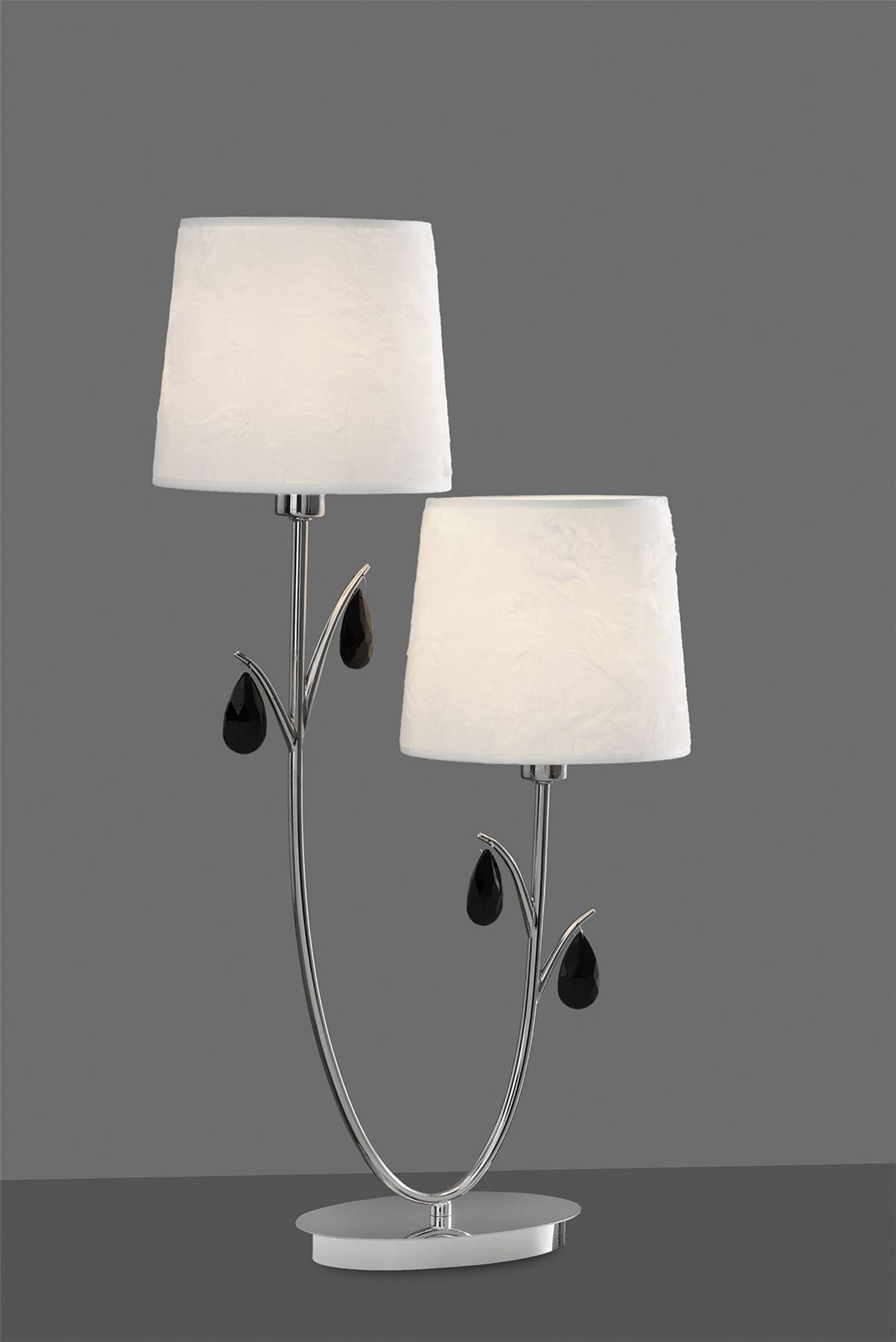 Mantra M6318 Andrea Table Lamp 63cm, 2 x E14 (Max 20W), Polished Chrome, White Shades, Black Crystal Droplets