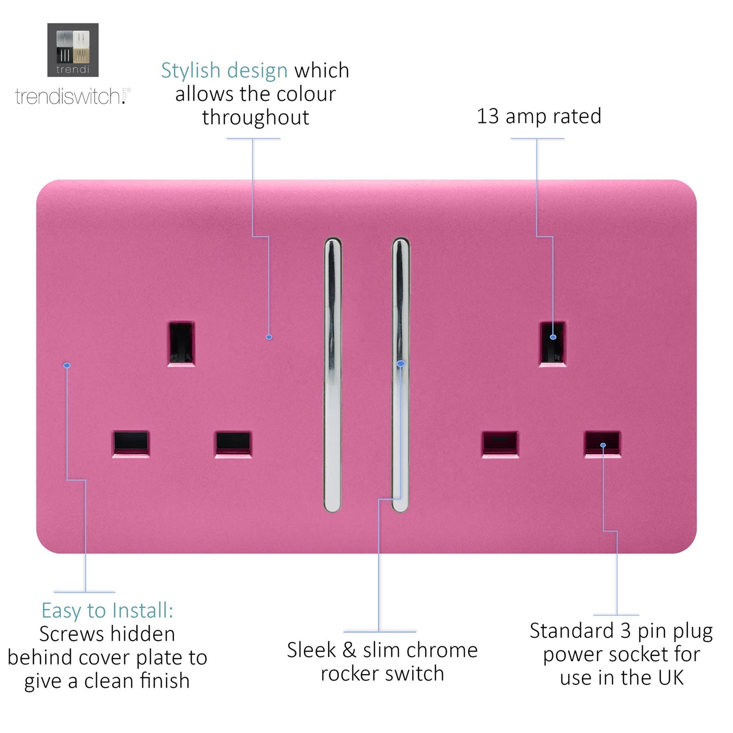 Trendi 2 Gang Artistic Modern Glossy 13 Amp Switched  Plug Socket Pink (3 Pack)