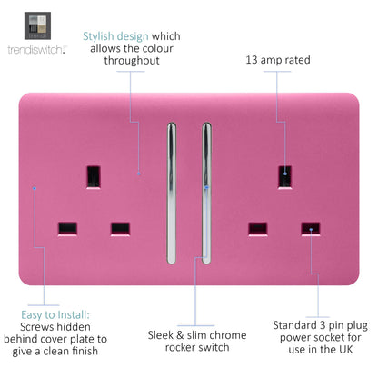 Trendi 2 Gang Artistic Modern Glossy 13 Amp Switched  Plug Socket Pink (3 Pack)