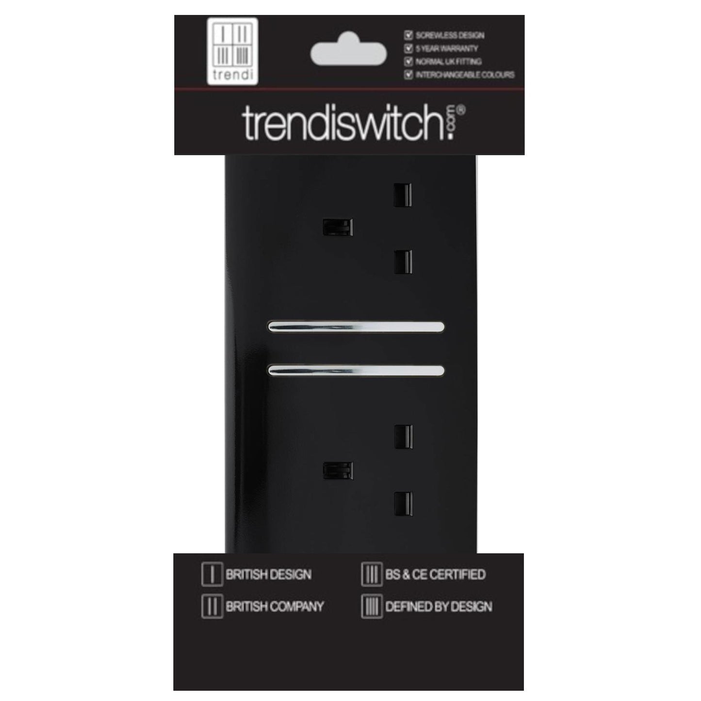 Trendi 2 Gang Artistic Modern Glossy 13 Amp Switched Plug Socket Piano Black (7 Pack)