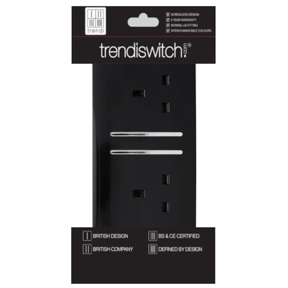 Trendi 2 Gang Artistic Modern Glossy 13 Amp Switched Plug Socket Piano Black (7 Pack)