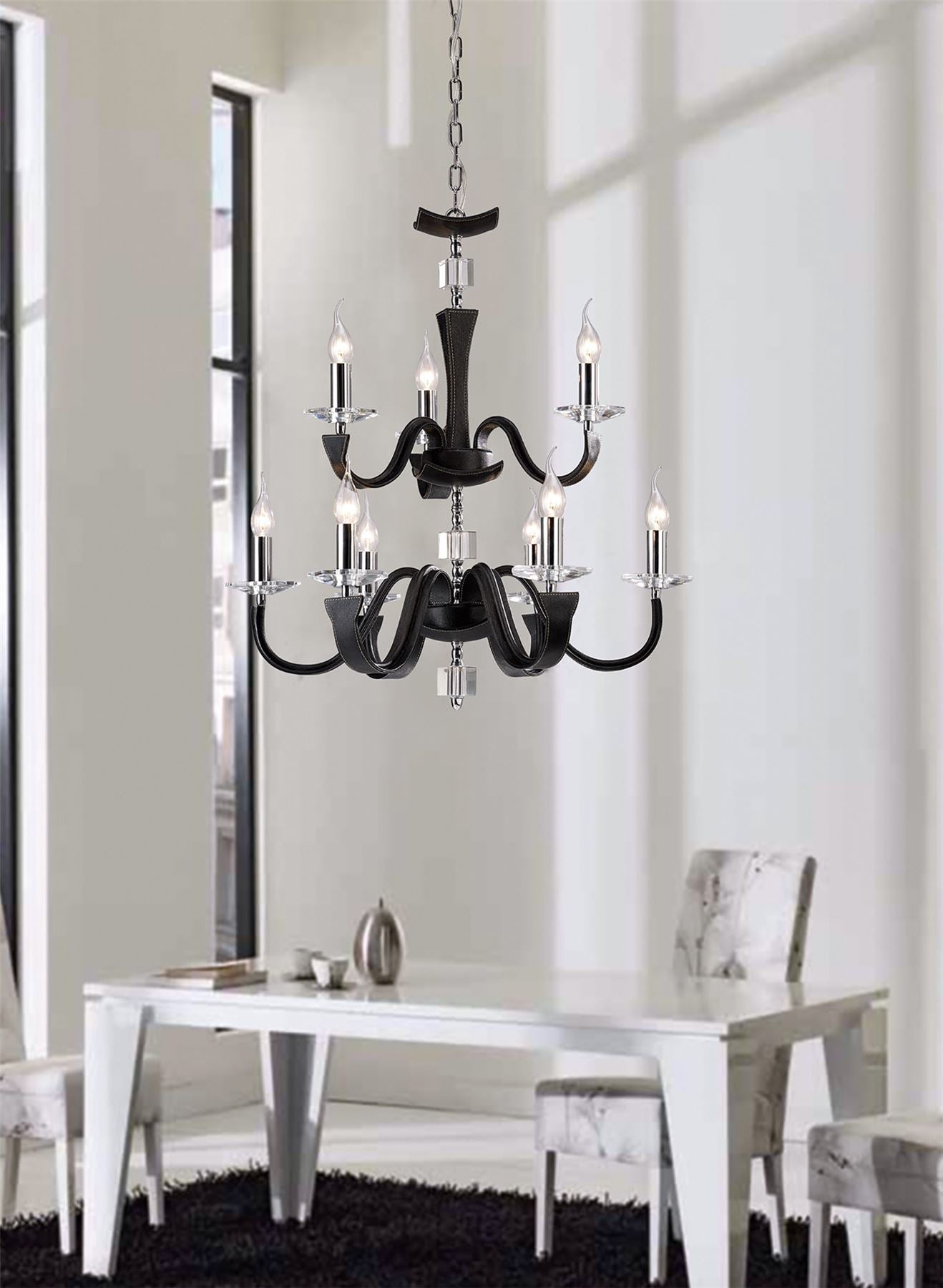 Diyas Nardini 65cm  2 Tier 9 Light E14 Polished Chrome/Black Faux Leather/Crystal Ceiling Pendant Light Fitting
