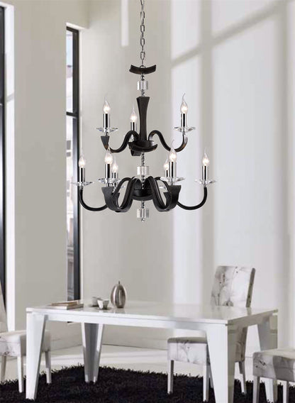 Diyas Nardini 65cm  2 Tier 9 Light E14 Polished Chrome/Black Faux Leather/Crystal Ceiling Pendant Light Fitting