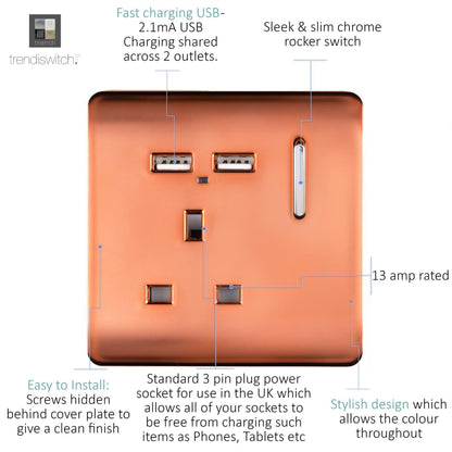 Trendi 1 Gang Artistic Modern Glossy 13 Amp 2x2.1mA USB Switched Tactile Copper