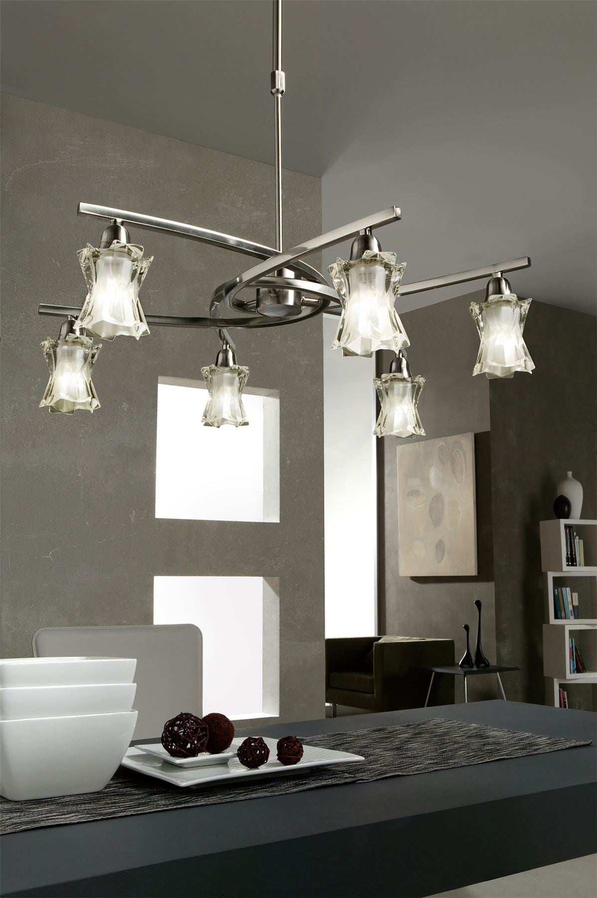 Mantra Alaska GU10 64cm Pendant Convertible To Semi Flush 6 Light L1/SGU10, Satin Nickel, CFL Lamps INCLUDED