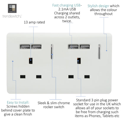 Trendi 2 Gang 13 Amp 4 x 2.1mA Type A USB Switched Plug Socket in Matt White - ART-SKT213USBMWH