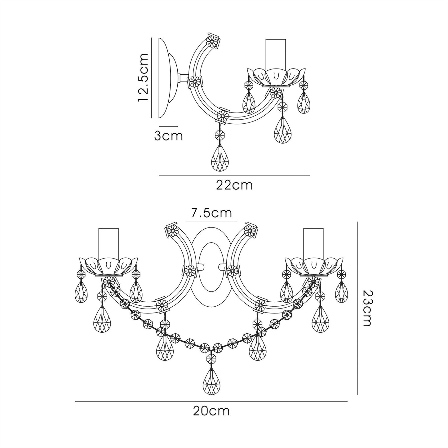Deco Gabrielle Wall Light 2 Light E14 with Glass Sconce & Glass Droplets/Polished Chrome