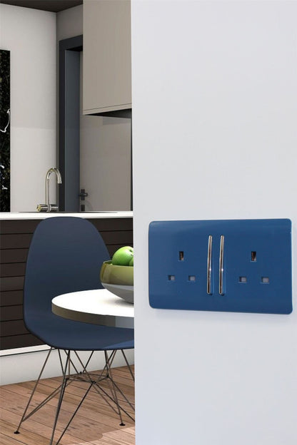 Trendi 2 Gang Raised Artistic Modern Glossy Screwless 13 Amp Single Pole with Chrome Switched UK Standard Electrical Double Wall Plug Socket in Ocean Blue - ART-SKT213LOB