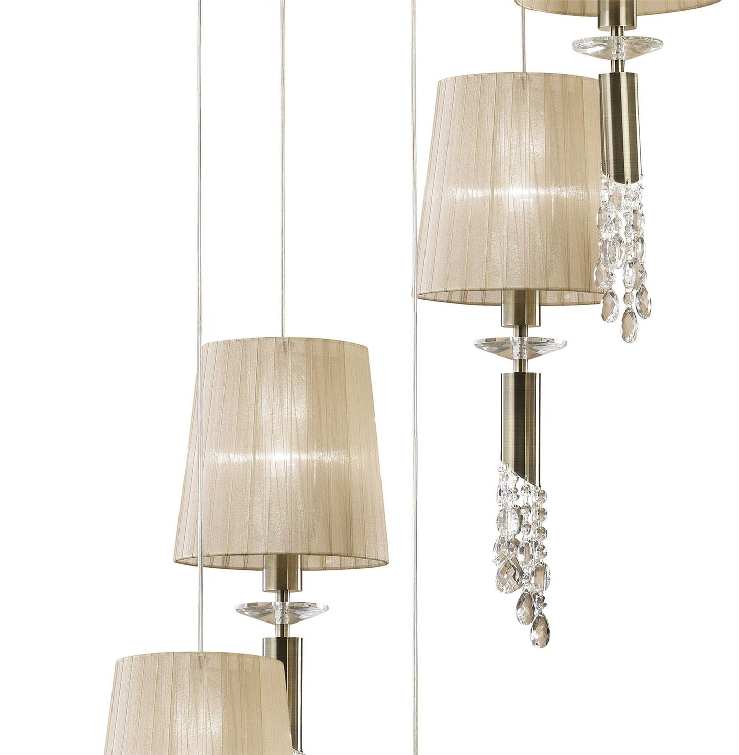 Mantra M3877 Tiffany Pendant 5+5 Light E27+G9 Spiral, Antique Brass with Soft Bronze Shades & Clear Crystal