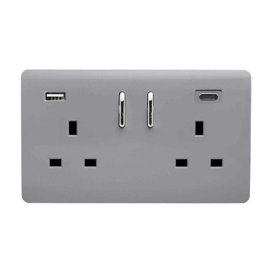 Platinum Silver Screwless 2 Gang Switched Double Socket 13A With 1 x USB-A & 1 x USB-C 65W (Shared), (35mm Back Box Req.), 10yrs Warranty