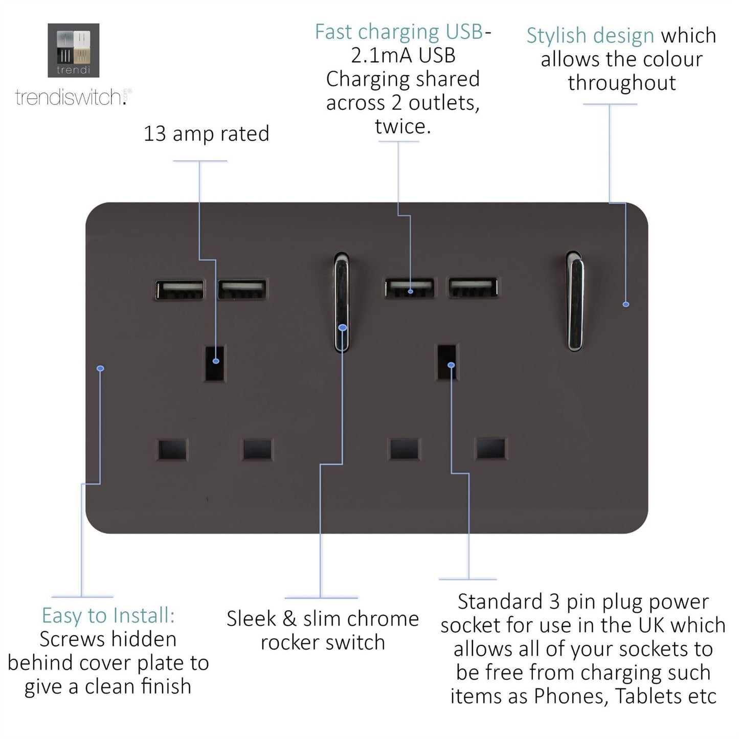 Trendi 2 Gang Artistic Modern Glossy 13 Amp 4x2.1mA USB Switched Tactile Plug Socket Dark Brown