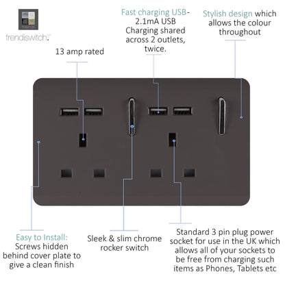 Trendi 2 Gang Artistic Modern Glossy 13 Amp 4x2.1mA USB Switched Tactile Plug Socket Dark Brown
