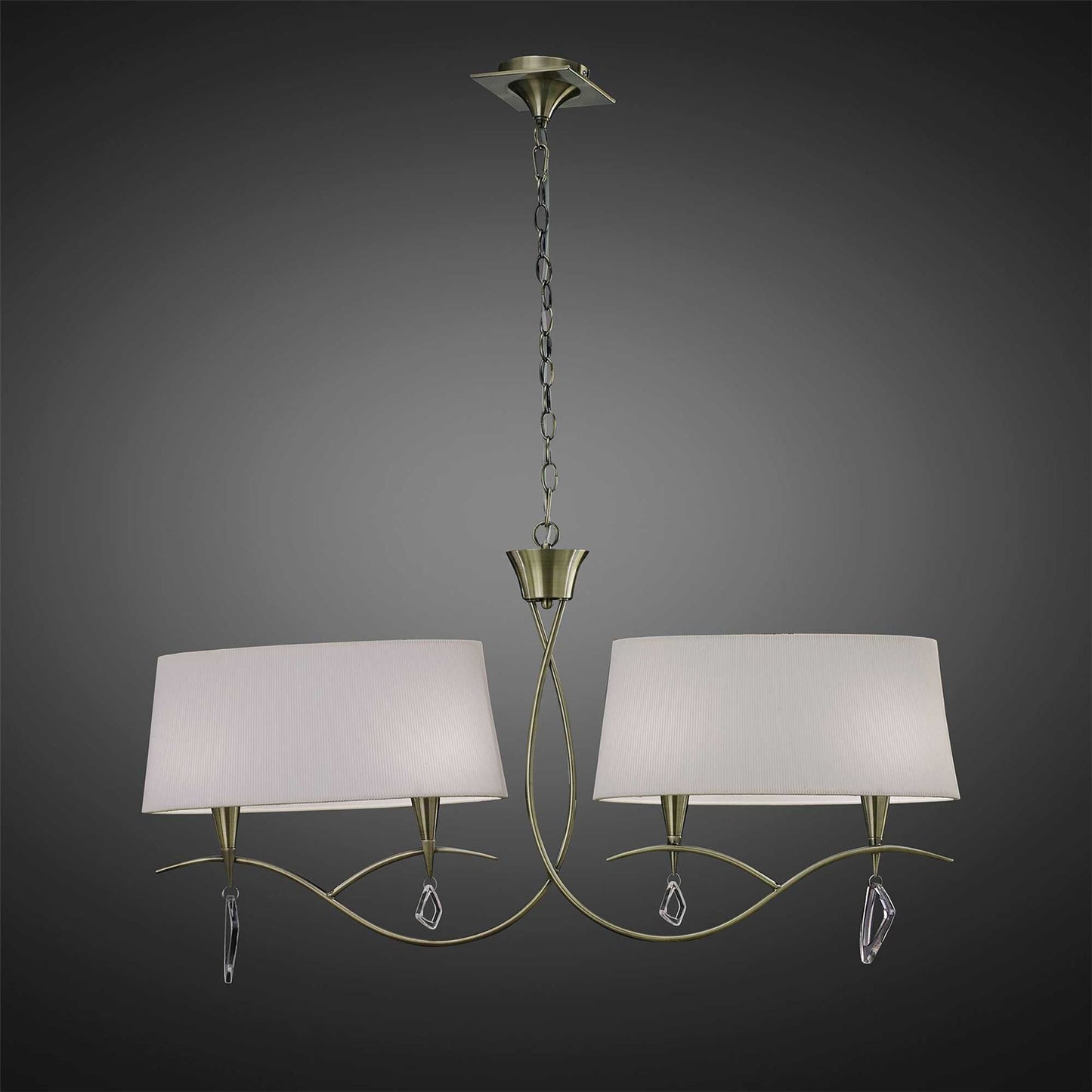 Mantra Mara Linear Pendant 2 Arm 4 Light E14, Antique Brass with Ivory White Shades