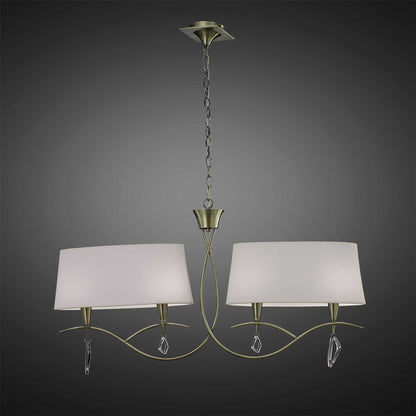 Mantra Mara Linear Pendant 2 Arm 4 Light E14, Antique Brass with Ivory White Shades