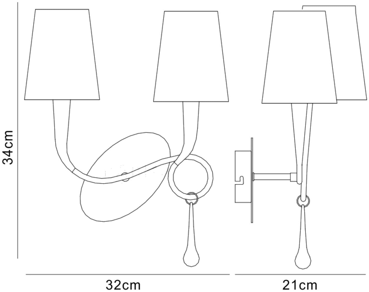 Mantra M0537/S Paola Wall Light Switched 2 Light E14, Silver Painted with Black Shades & Black Glass Droplets - M0537/S
