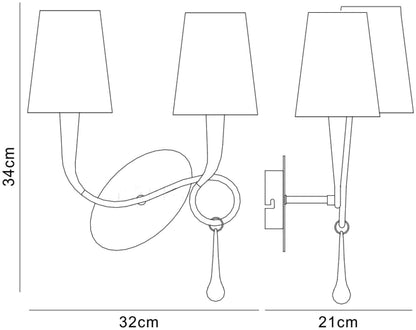 Mantra M0537/S Paola Wall Light Switched 2 Light E14, Silver Painted with Black Shades & Black Glass Droplets - M0537/S