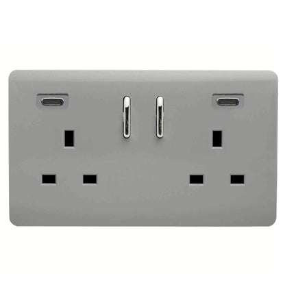 Light Grey Screwless 2 Gang Switched Double Socket 13A With 2 x USB-C 24W (Shared), (35mm Back Box Req.), 10yrs Warranty