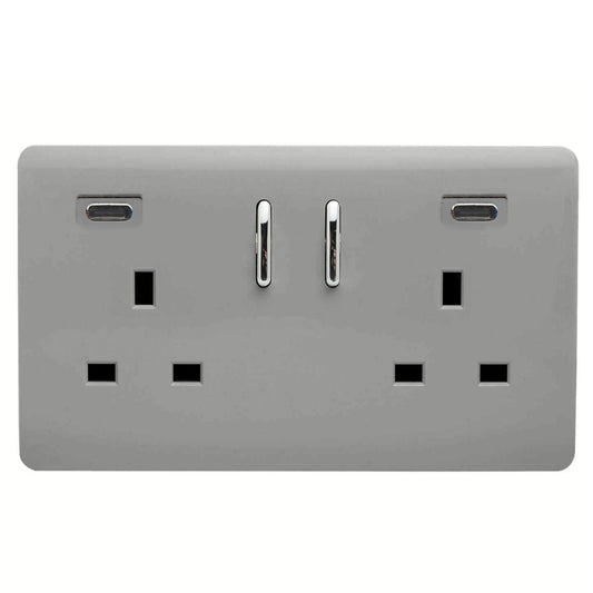 Light Grey Screwless 2 Gang Switched Double Socket 13A With 2 x USB-C 24W (Shared), (35mm Back Box Req.), 10yrs Warranty