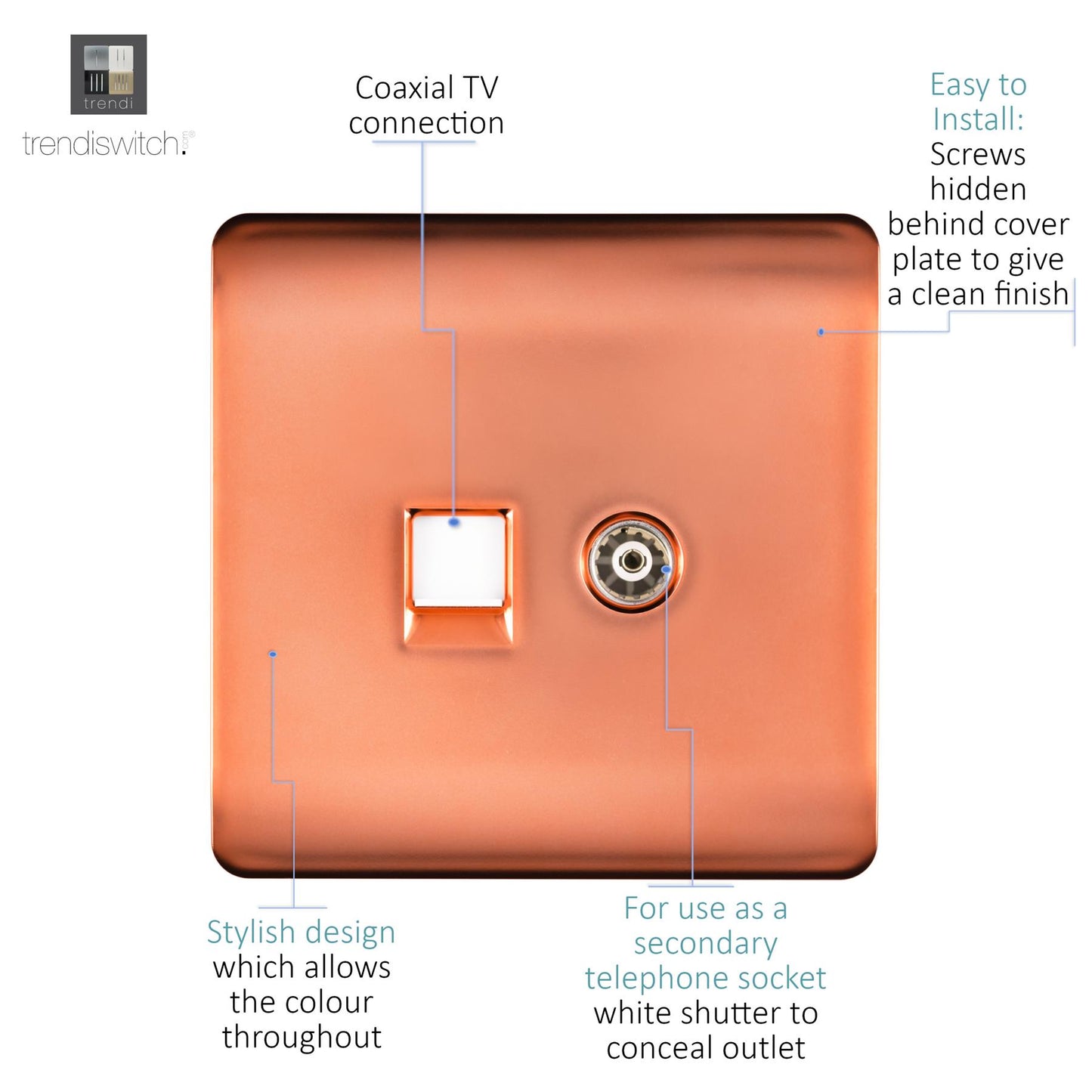 Trendi Artistic Modern Glossy Tactile TV Co-axial Socket + Telephone Socket Copper
