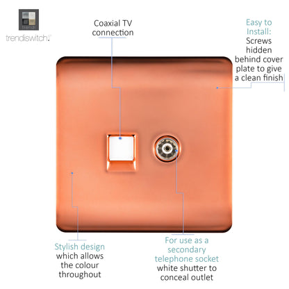 Trendi Artistic Modern Glossy Tactile TV Co-axial Socket + Telephone Socket Copper