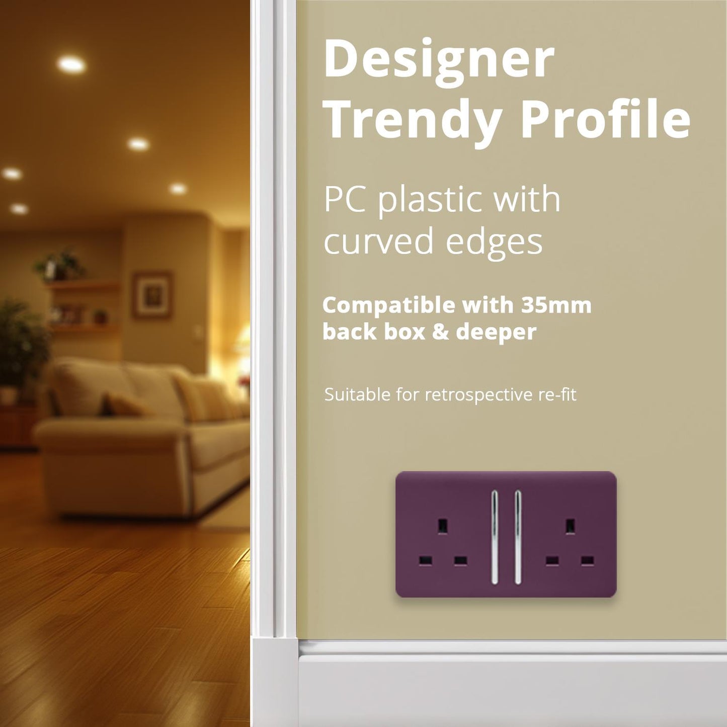 Trendi 2 Gang Artistic Modern Glossy 13 Amp Switched Plug Socket Plum (7 Pack)