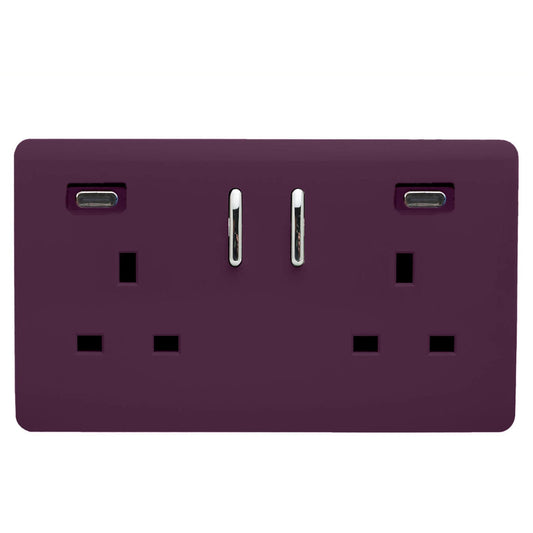Plum Screwless 2 Gang Switched Double Socket 13A With 2 x USB-C 65W (Shared), (35mm Back Box Req.), 10yrs Warranty