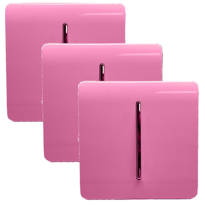 Trendi 1 Gang 2 Way 240V Screwless Artistic Modern Glossy 10 Amp Chrome Rocker Electrical Wall Light Switch in Candy Pink (3 pack)