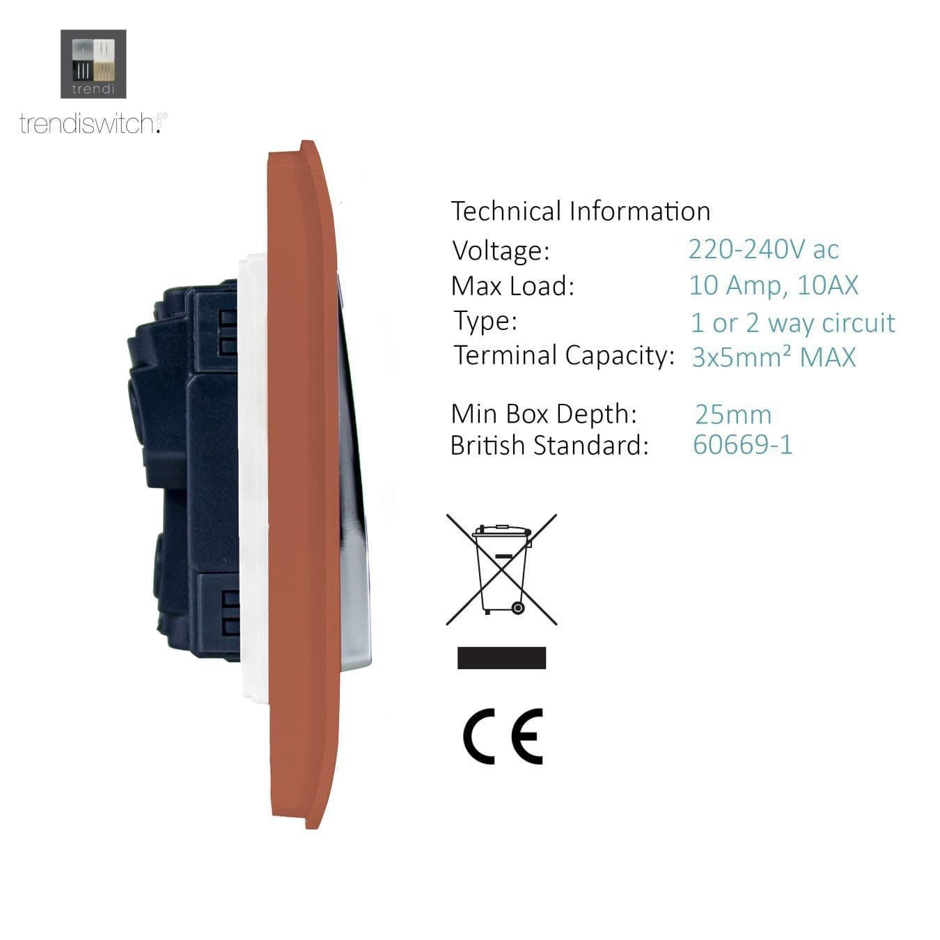 Trendi 2 Gang 2 Way Artistic Modern Glossy 10 Amp Rocker Tactile Light Switch Copper