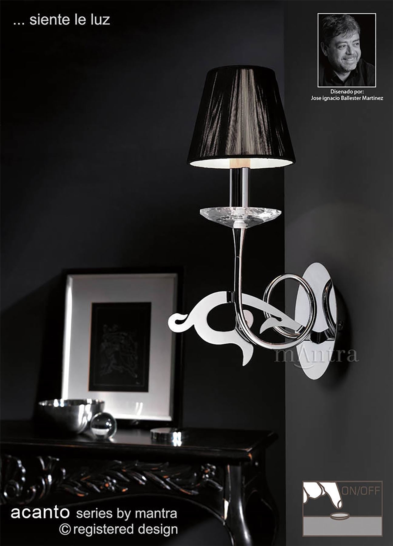 Mantra Acanto Wall Light Switched 1 Light E14, Polished Chrome with Black Shade