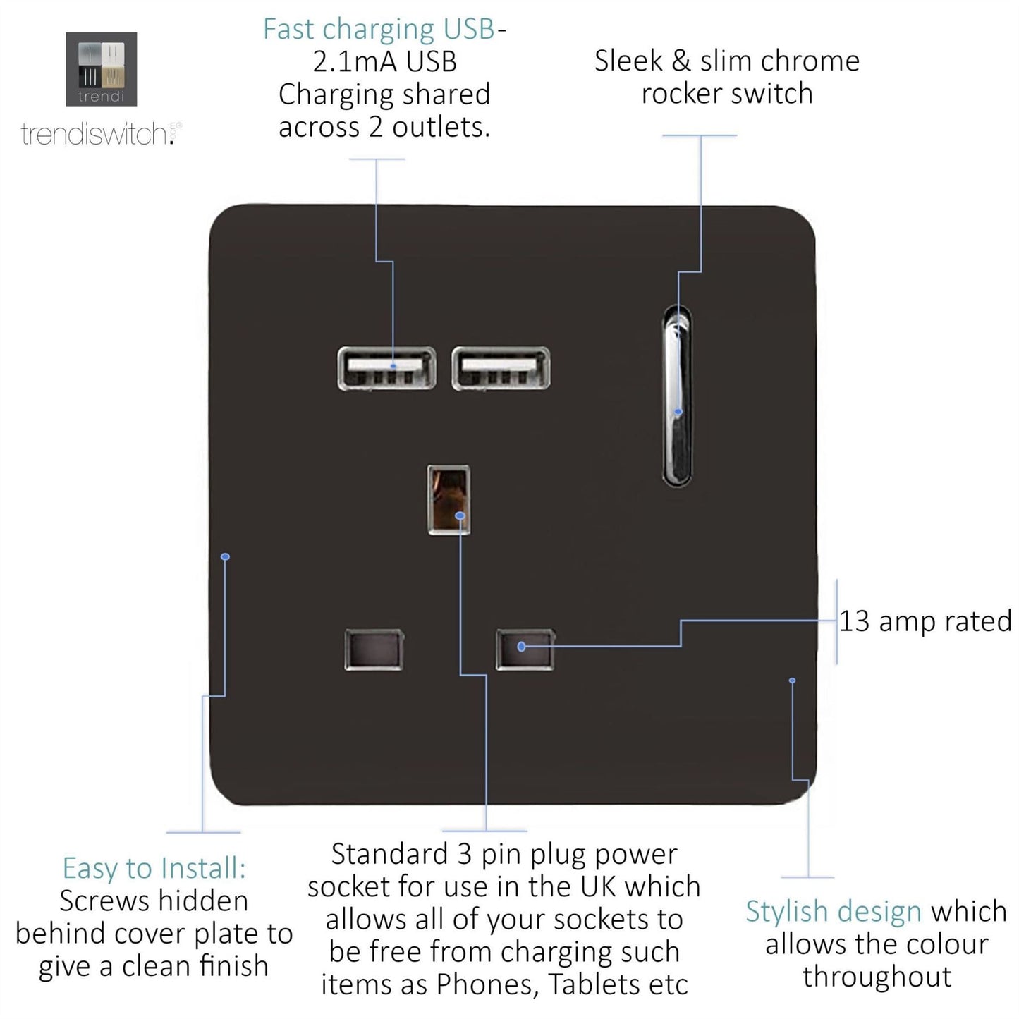 Trendi 1 Gang Artistic Modern Glossy 13 Amp 2x2.1mA USB Switched Tactile Dark Brown