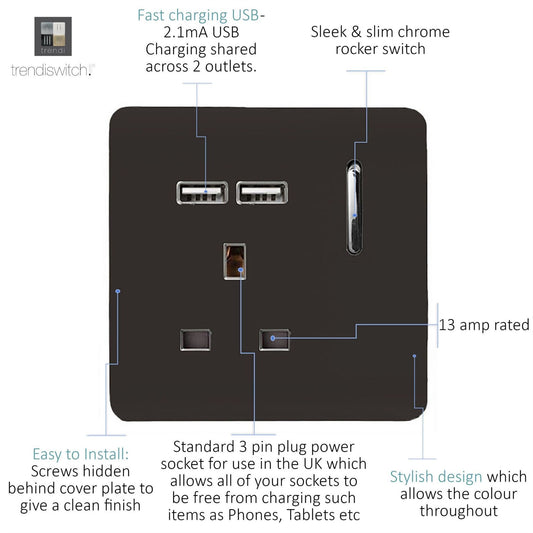 Trendi 1 Gang Artistic Modern Glossy 13 Amp 2x2.1mA USB Switched Tactile Dark Brown