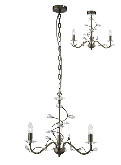 Diyas Willow 50cm  WITHOUT SHADE 3 Light E14 Antique Brass/Crystal Ceiling Pendant Light Fitting