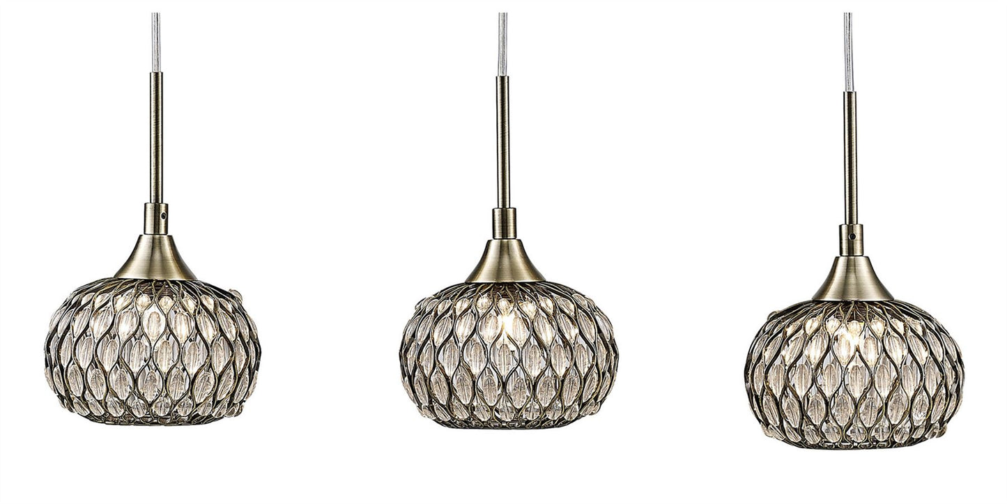 Diyas Chelsie Linear  3 Light G9 Line Antique Brass/Clear Beaded Glass Ceiling Pendant Light Fitting