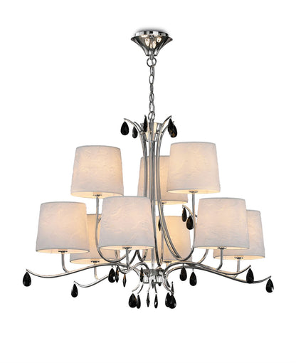 Mantra M6311 Andrea Pendant 88cm Round, 6+3 x E14 (Max 20W), Polished Chrome, White Shades, Black Crystal Droplets