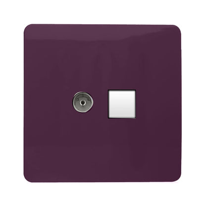 Trendi Artistic Modern Glossy Tactile TV Co-axial Socket + Telephone Socket Plum