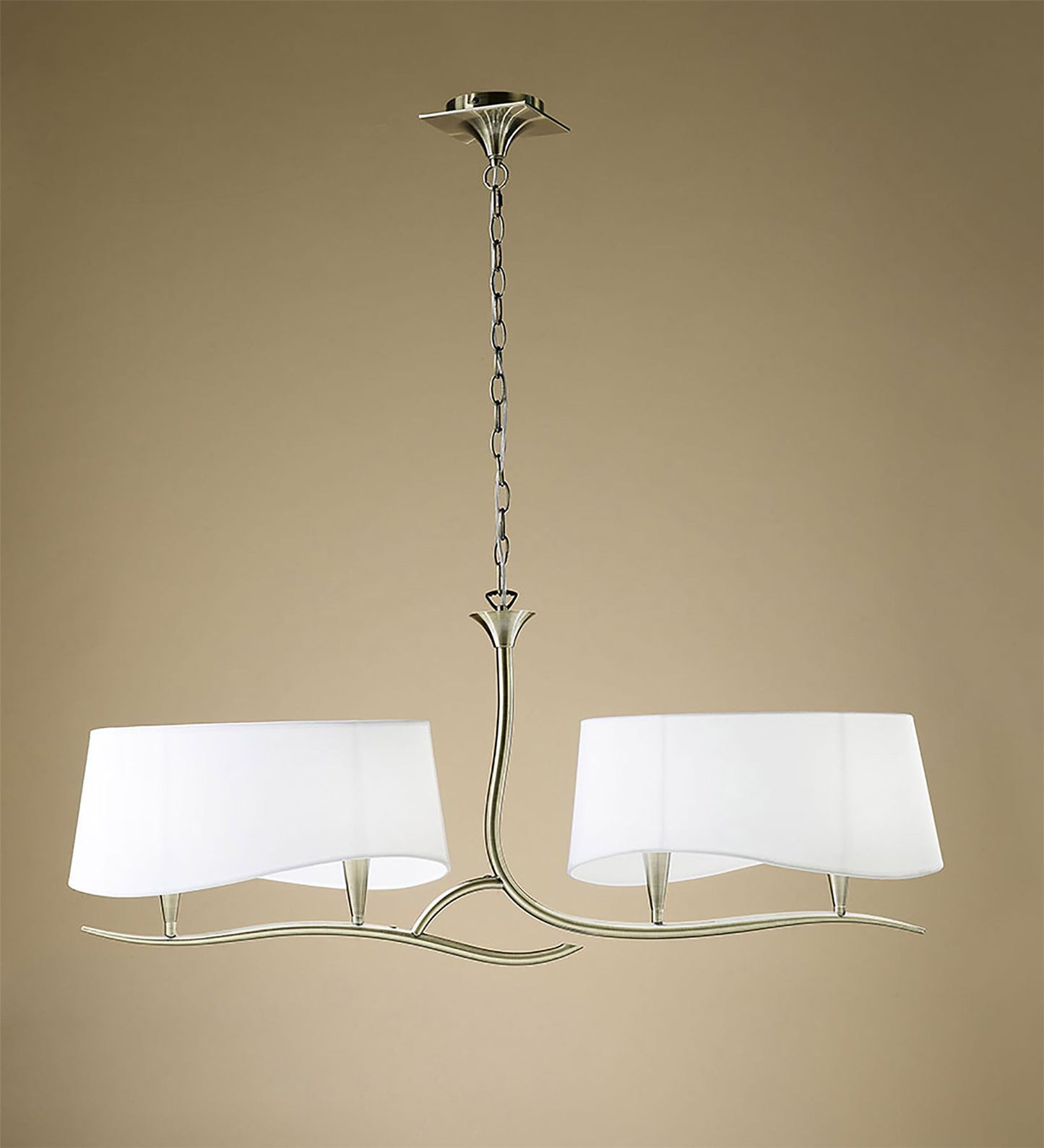 Mantra Ninette Linear Pendant 2 Arm 4 Light E14, Antique Brass with Ivory White Shades