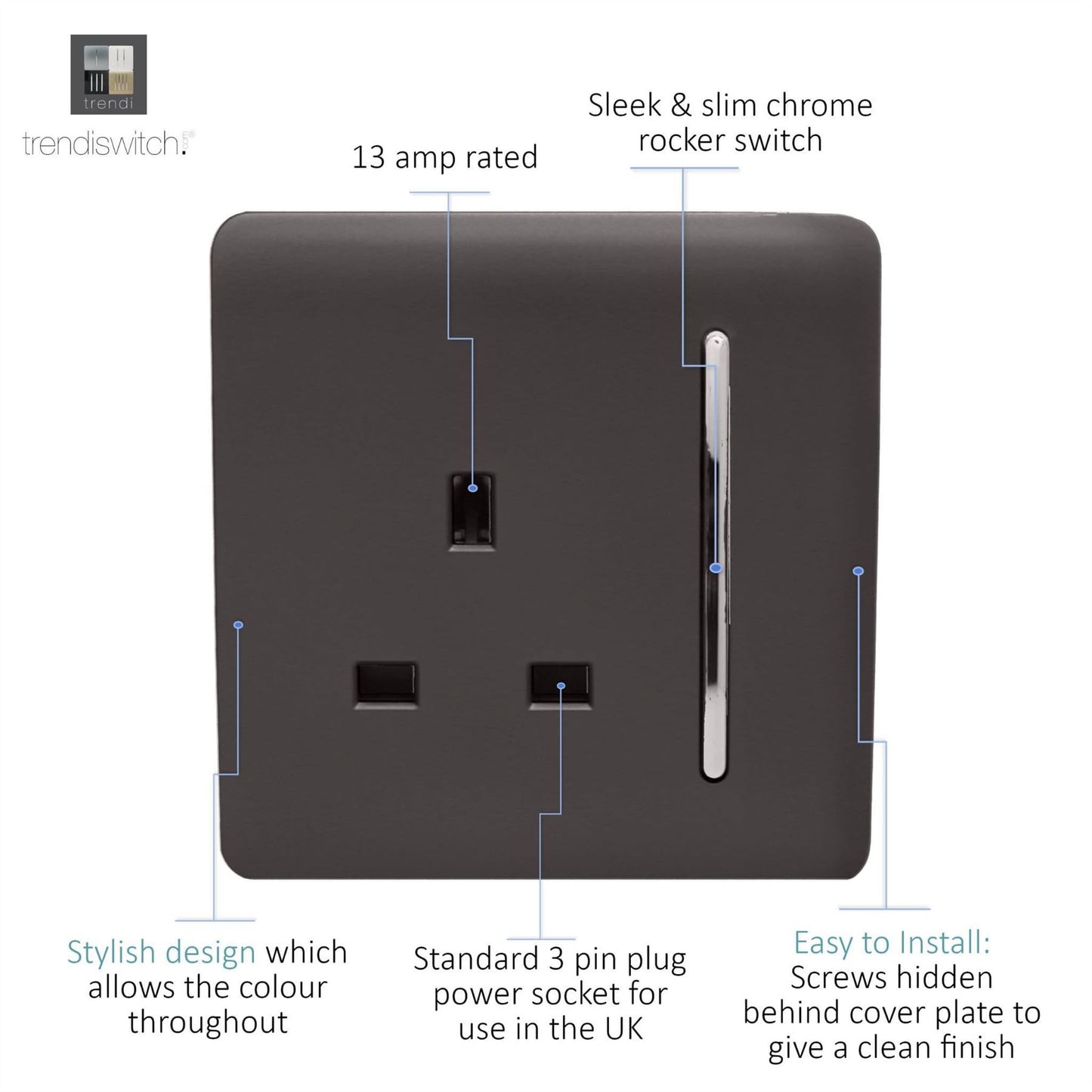 Trendi 1 Gang Artistic Modern Glossy 13 Amp Switched Tactile Plug Socket Dark Brown