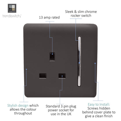 Trendi 1 Gang Artistic Modern Glossy 13 Amp Switched Tactile Plug Socket Dark Brown