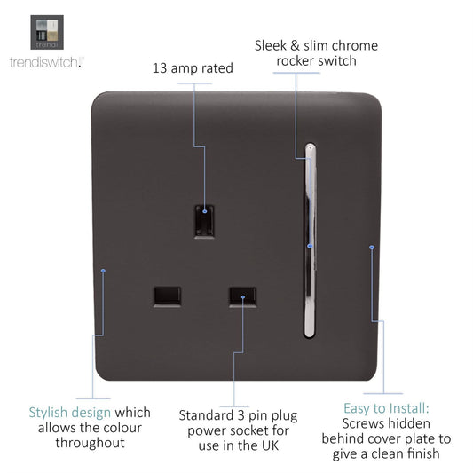 Trendi 1 Gang Artistic Modern Glossy 13 Amp Switched Tactile Plug Socket Dark Brown