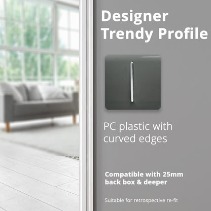 Trendi 1 Gang 2 Way 240V Screwless Raised Front Plate Plastic Artistic Modern Glossy 10 Amp Chrome Rocker Single Electrical Wall Light Switch in Charcoal Grey