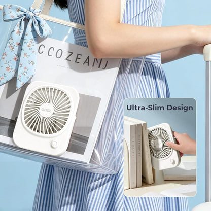 OOZZ Ultrathin Desktop Fan, Portable Slim Personal Fan with Adjustable stand, Stepless Speed Control Knob, USB-C Rechargeable Battery, Quiet Cooling for Office & Travel, OZ-4121 (White)