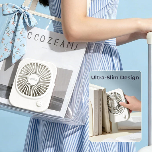 OOZZ Ultrathin Desktop Fan, Portable Slim Personal Fan with Adjustable stand, Stepless Speed Control Knob, USB-C Rechargeable Battery, Quiet Cooling for Office & Travel, OZ-4121 (White)