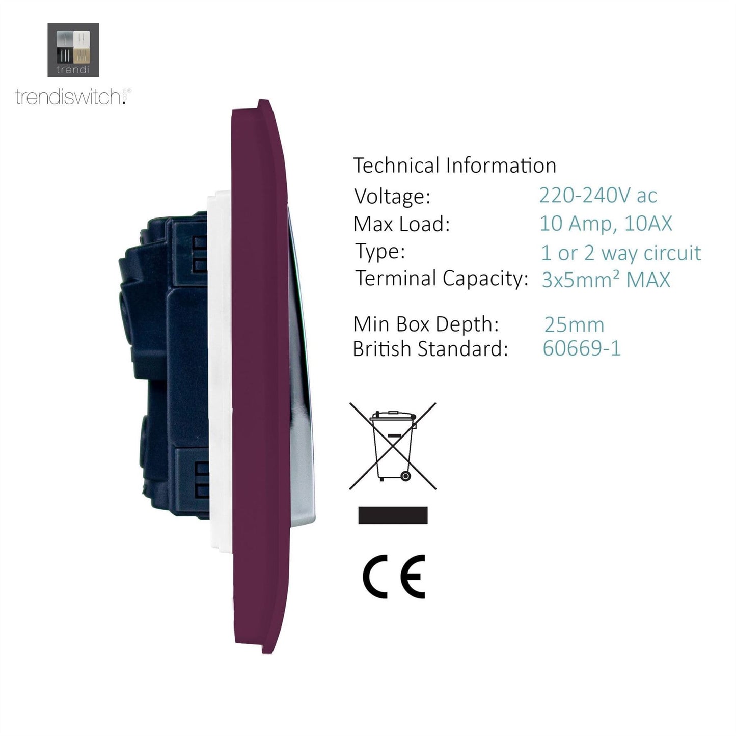 Trendi 2 Gang (2 Way & 3 way Intermediate) 240V Screwless Raised Front Plate Plastic Artistic Modern Glossy 10 Amp Chrome Rocker Double Electrical Wall Light Switch Plum Purple - ART-SS29PL