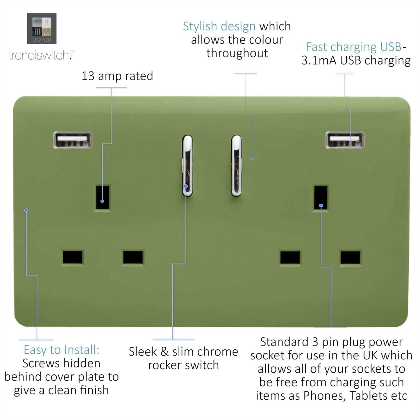 Trendi 2 Gang Artistic Modern Glossy 13 Amp 2 x 3.1mA USB Switched Plug Socket Moss Green